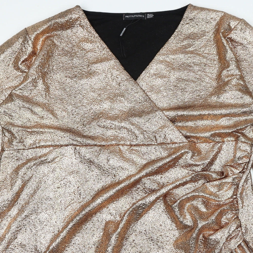 PRETTYLITTLETHING Womens Gold Polyester Bodycon Size 24 V-Neck Pullover