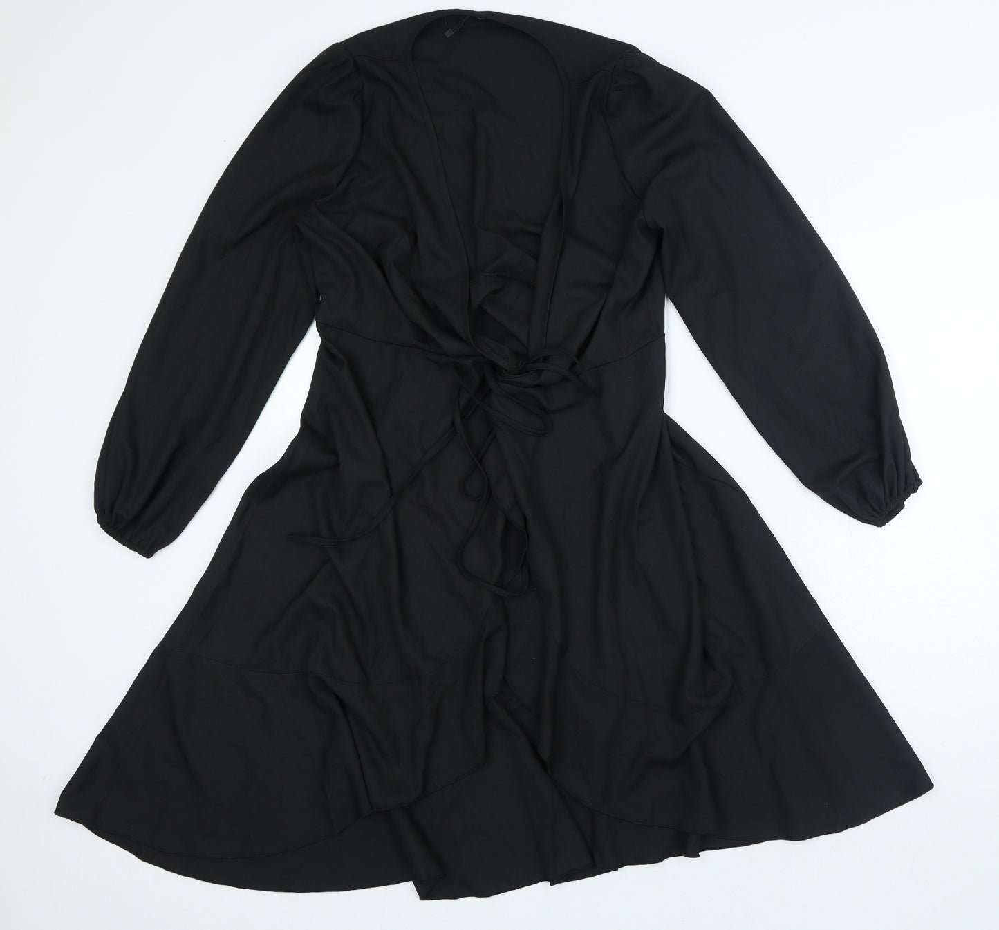 Boohoo Womens Black Polyester Wrap Dress Size 12 V-Neck Tie