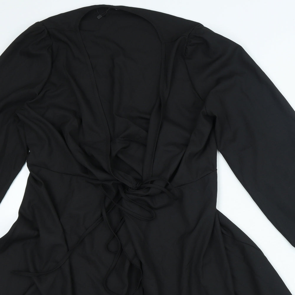Boohoo Womens Black Polyester Wrap Dress Size 12 V-Neck Tie