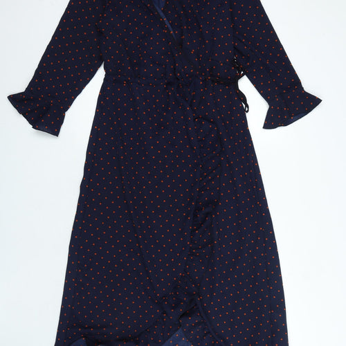 Boohoo Womens Blue Polka Dot Polyester Wrap Dress Size 14 V-Neck Tie