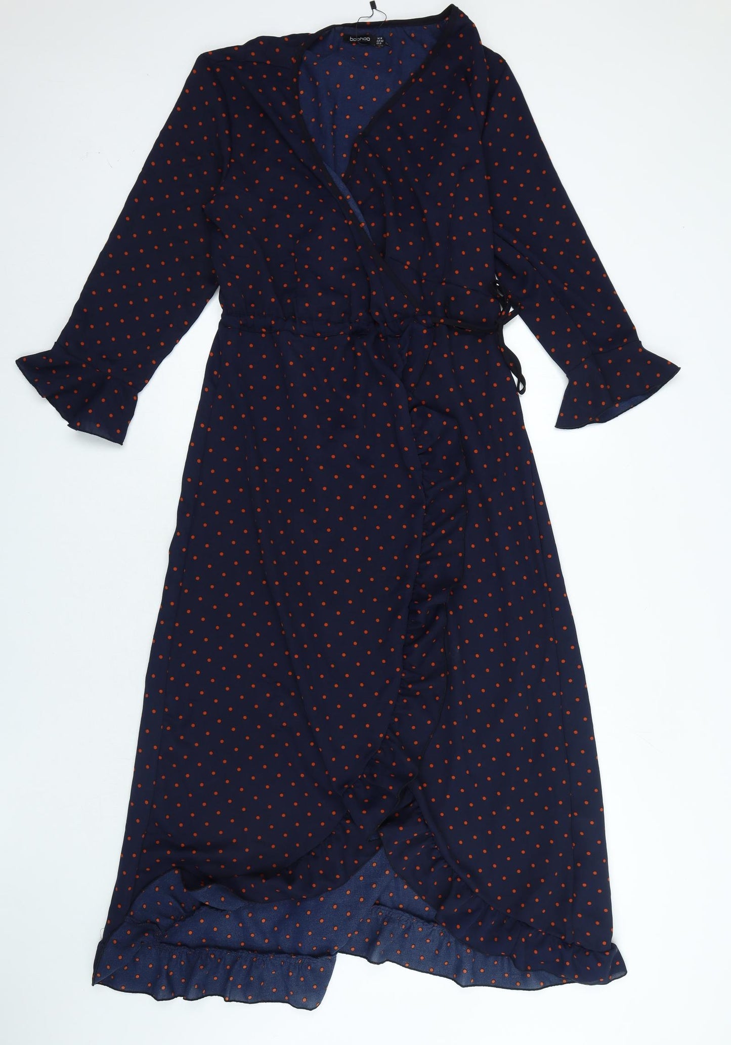 Boohoo Womens Blue Polka Dot Polyester Wrap Dress Size 14 V-Neck Tie
