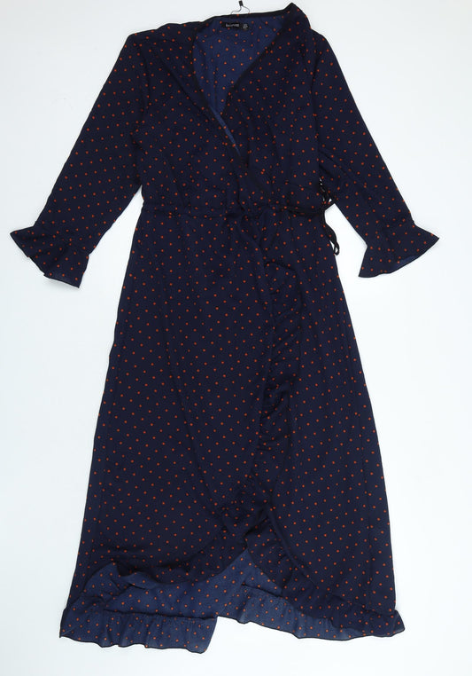 Boohoo Womens Blue Polka Dot Polyester Wrap Dress Size 14 V-Neck Tie