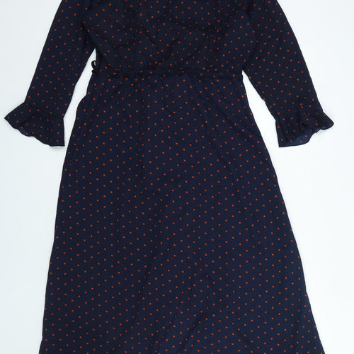 Boohoo Womens Blue Polka Dot Polyester Wrap Dress Size 14 V-Neck Tie
