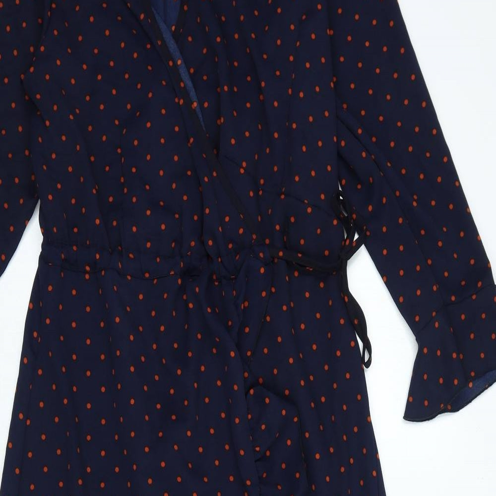 Boohoo Womens Blue Polka Dot Polyester Wrap Dress Size 14 V-Neck Tie