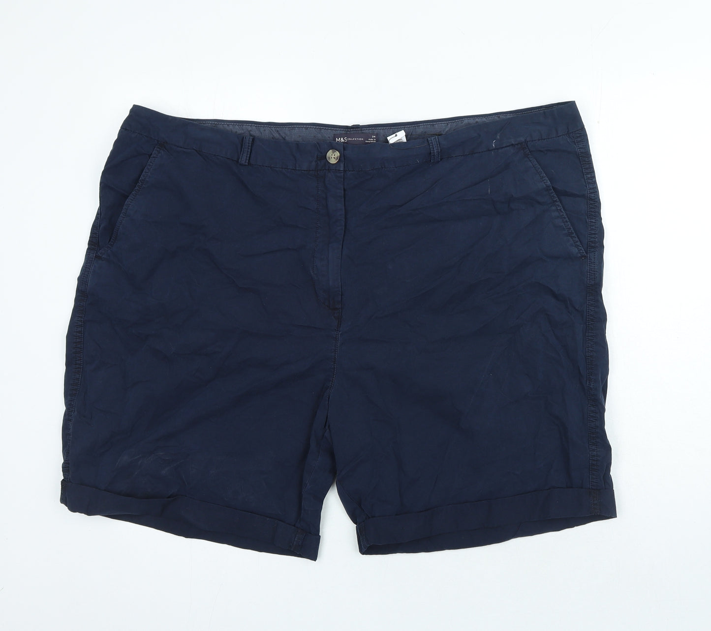 Marks and Spencer Womens Blue Cotton Chino Shorts Size 24 Regular Zip