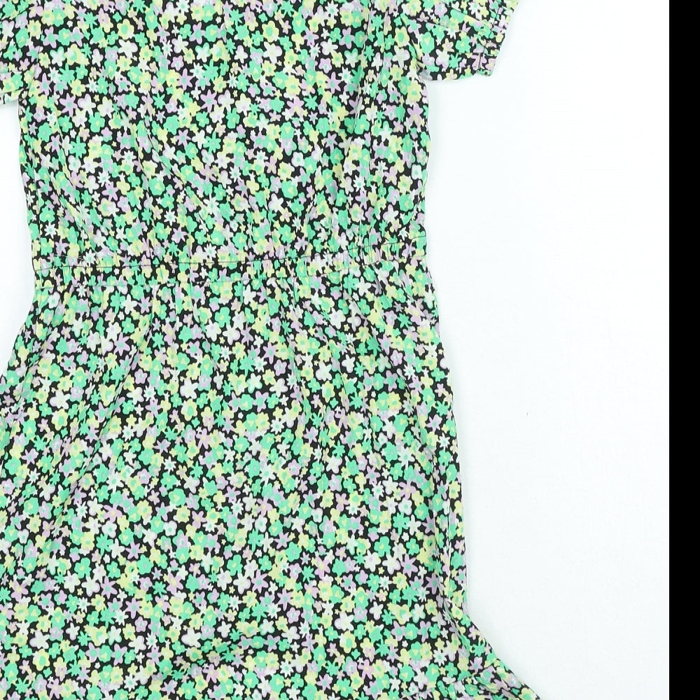 New Look Girls Green Floral Polyester A-Line Size 10 Years Square Neck Hook & Loop