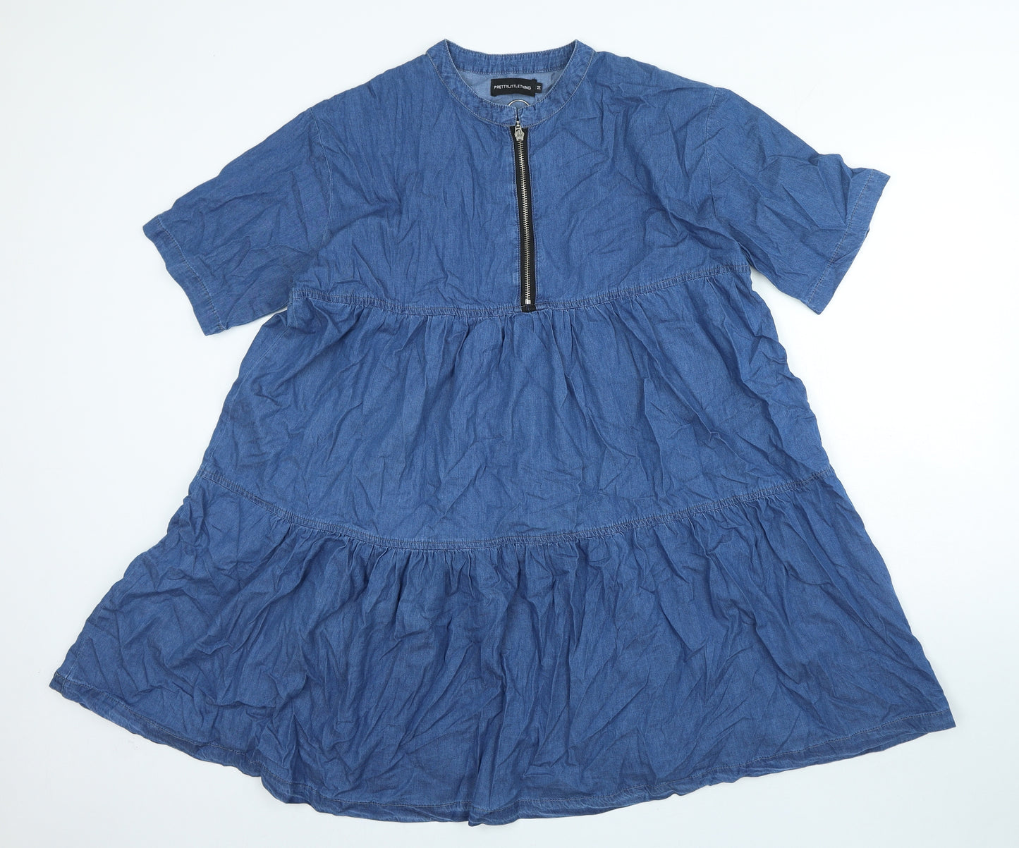PRETTYLITTLETHING Womens Blue Cotton A-Line Size 14 Round Neck Zip