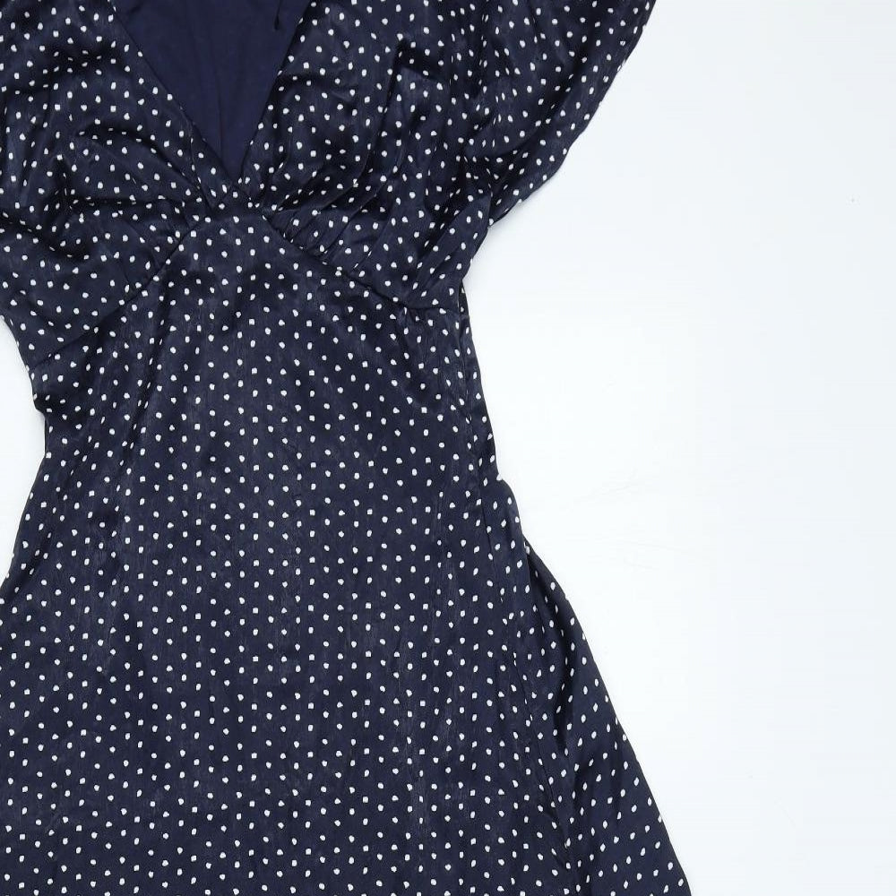 Preworn Womens Blue Polka Dot Polyester A-Line Size XS V-Neck Zip