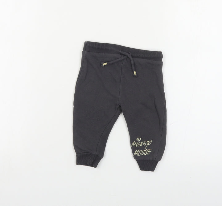 F&F Baby Grey Cotton Jogger Leggings Size 6-9 Months Drawstring - Mickey Mouse