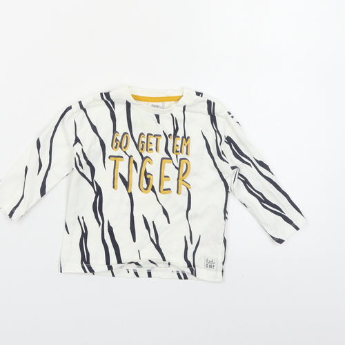 F&F Baby White Animal Print Cotton Pullover T-Shirt Size 6-9 Months Crew Neck Snap - Tiger