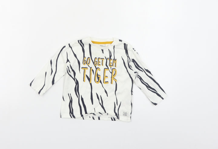 F&F Baby White Animal Print Cotton Pullover T-Shirt Size 6-9 Months Crew Neck Snap - Tiger
