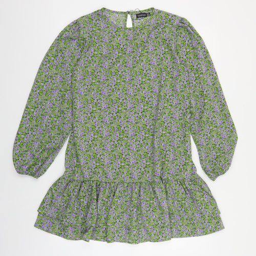 Boohoo Womens Green Floral Polyester A-Line Size 12 Round Neck Button