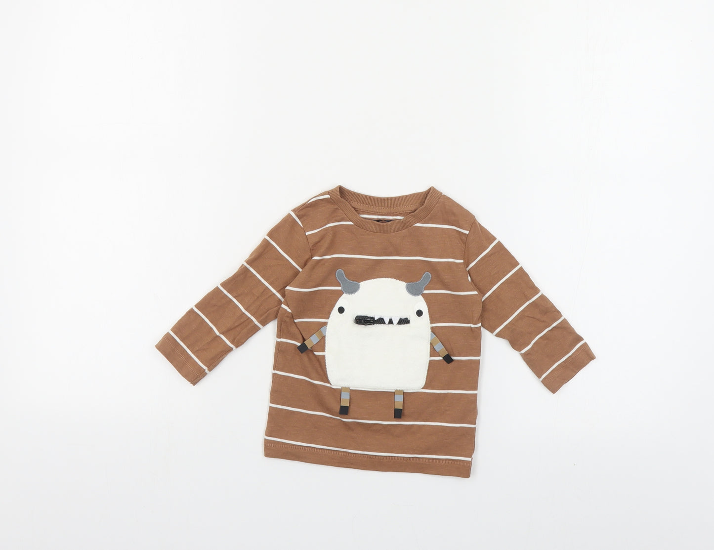 NEXT Baby Brown Striped Cotton Pullover T-Shirt Size 6-9 Months Crew Neck Pullover - Monster
