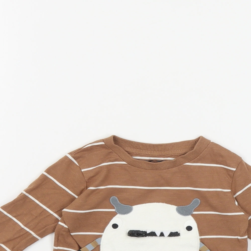 NEXT Baby Brown Striped Cotton Pullover T-Shirt Size 6-9 Months Crew Neck Pullover - Monster