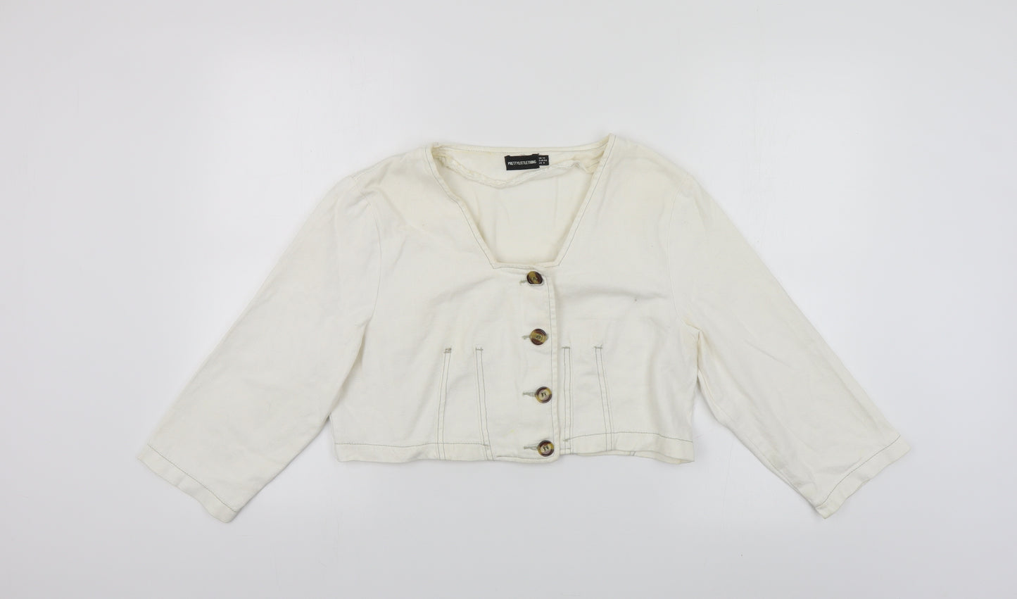 PRETTYLITTLETHING Womens Ivory Cotton Cropped Blouse Size 12 Square Neck