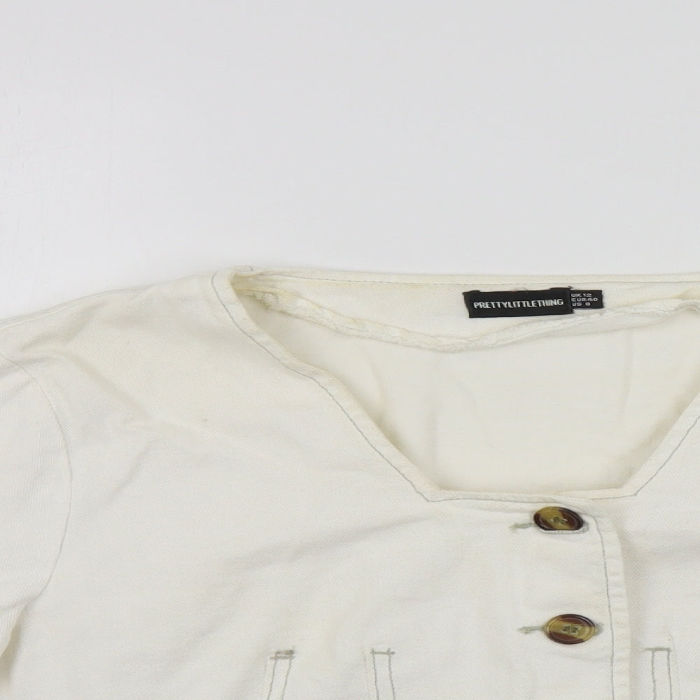 PRETTYLITTLETHING Womens Ivory Cotton Cropped Blouse Size 12 Square Neck