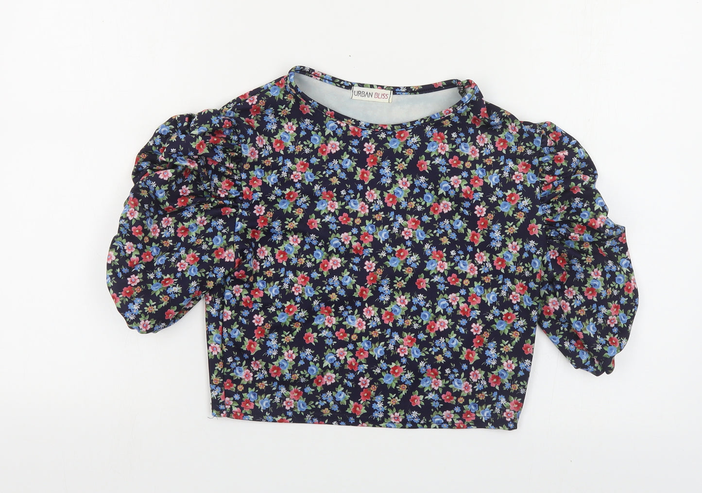 Urban Bliss Womens Multicoloured Floral Polyester Cropped T-Shirt Size 10 Crew Neck - Ruched Sleeves