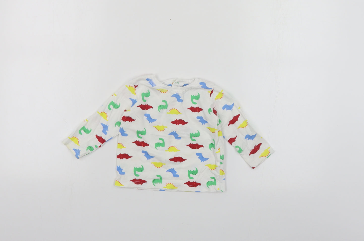 Dunnes Stores Baby White Geometric Cotton Pullover T-Shirt Size 6-9 Months Crew Neck Snap - Dinosaur Print
