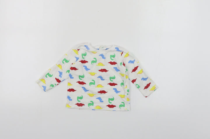 Dunnes Stores Baby White Geometric Cotton Pullover T-Shirt Size 6-9 Months Crew Neck Snap - Dinosaur Print