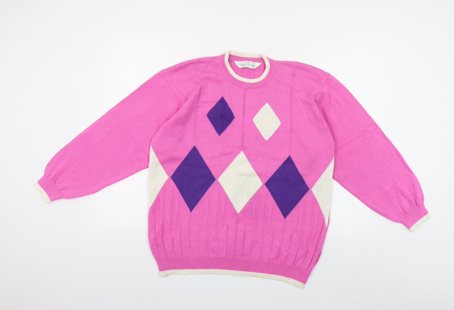 Marks and Spencer Womens Pink Crew Neck Argyle/Diamond Cotton Pullover Jumper Size 14