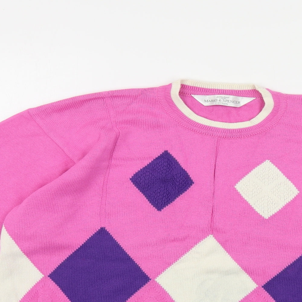Marks and Spencer Womens Pink Crew Neck Argyle/Diamond Cotton Pullover Jumper Size 14