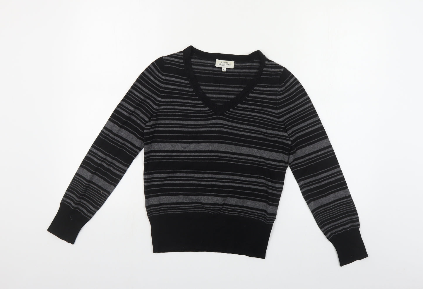 Debenhams Womens Black V-Neck Striped Viscose Pullover Jumper Size 8