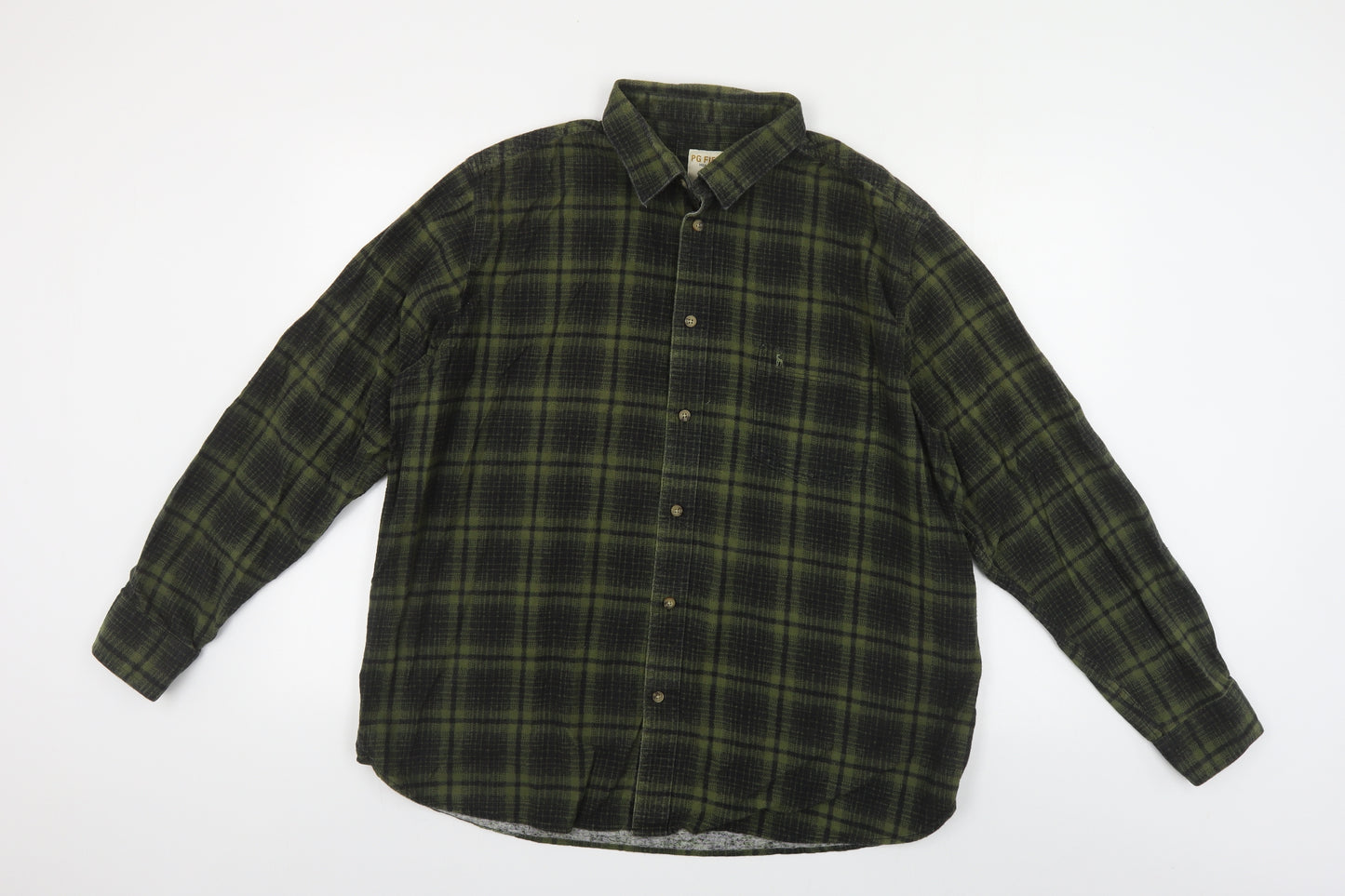 PG Field Mens Green Plaid Cotton Button-Up Size XL Collared Button