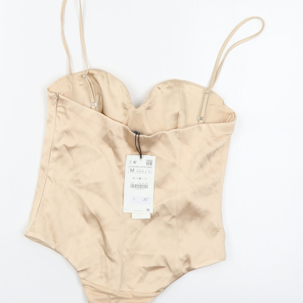Zara Womens Beige Polyester Bodysuit One-Piece Size M Snap