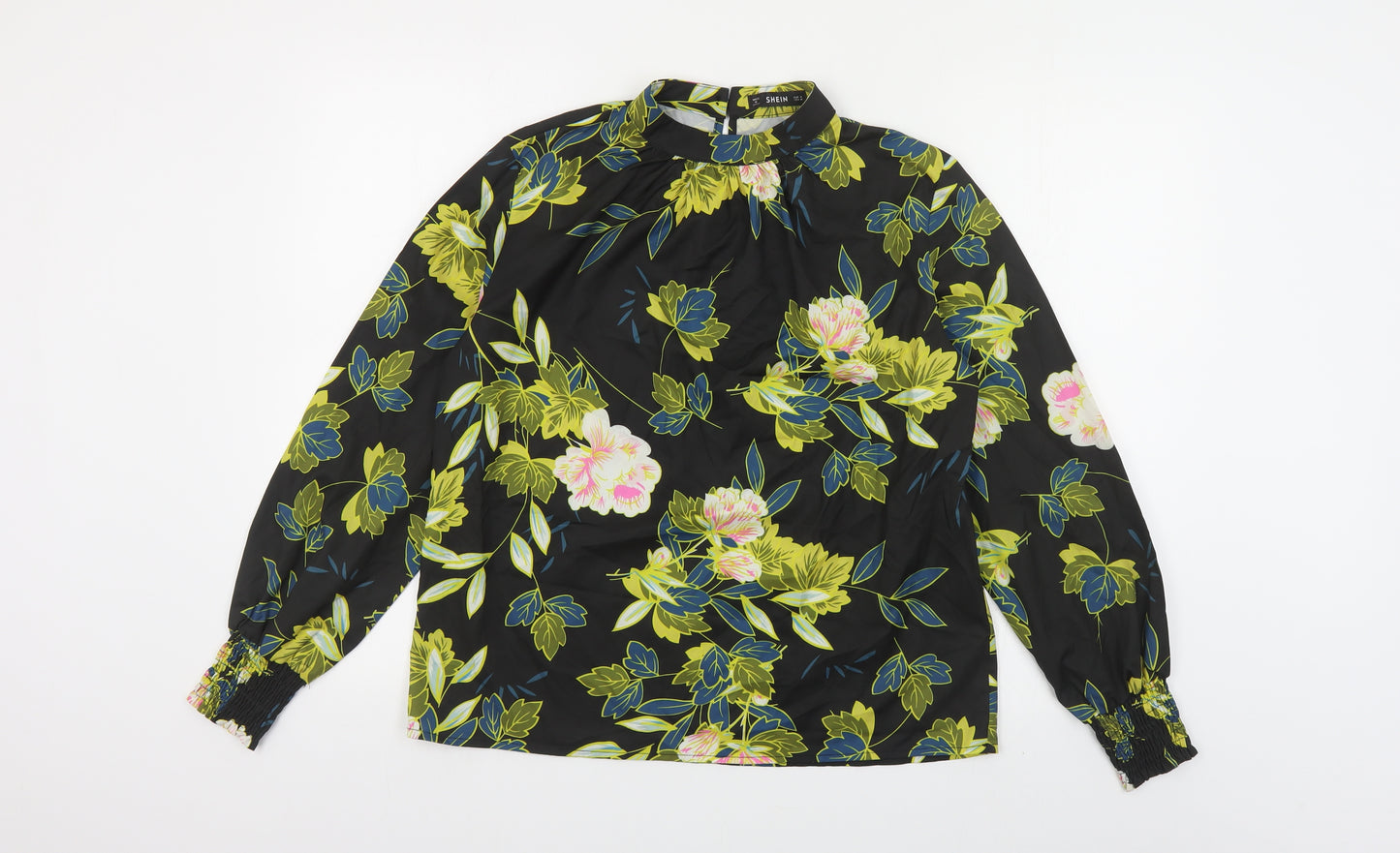SheIn Womens Black Floral Polyester Basic Blouse Size M Mock Neck