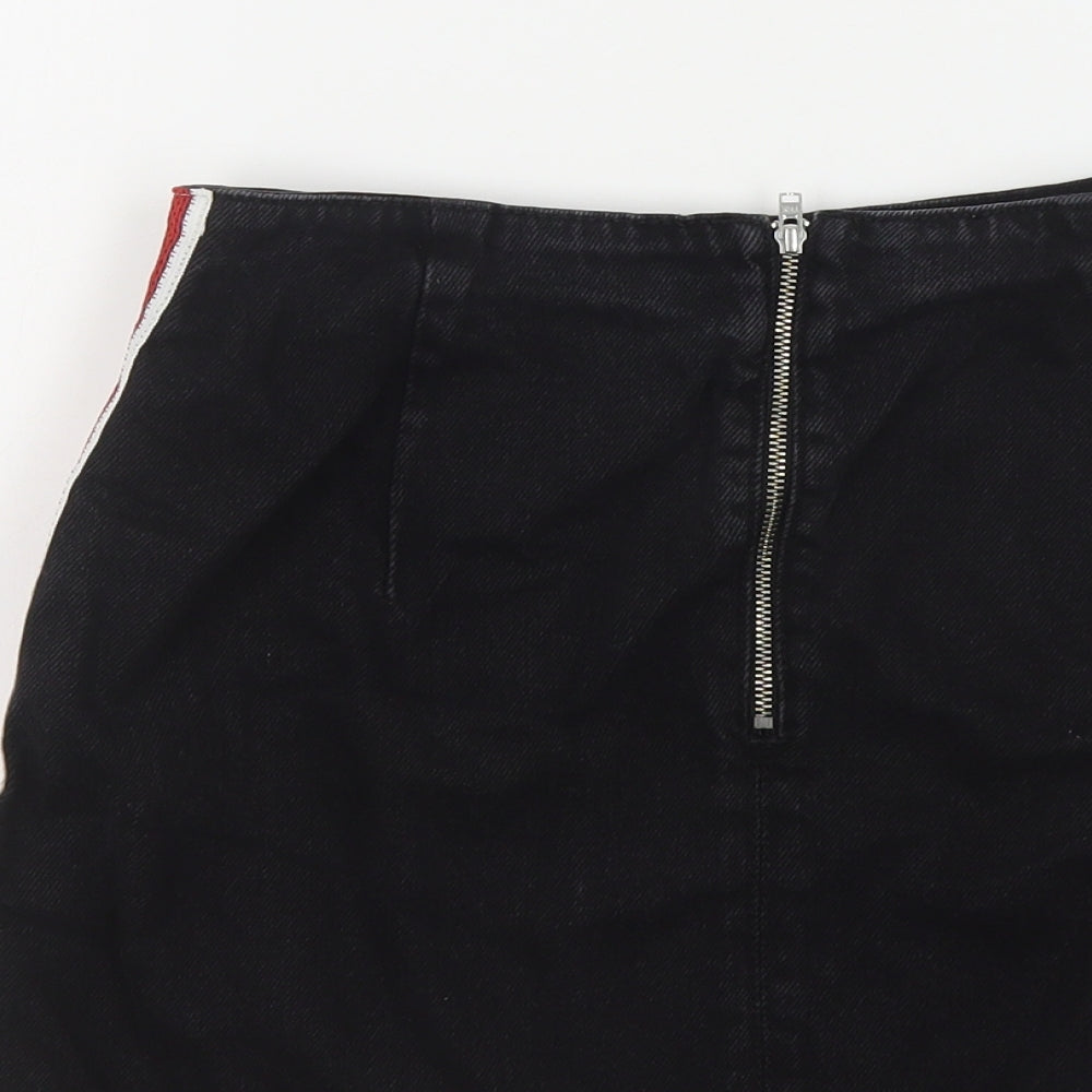 Topshop Womens Black Cotton Mini Skirt Size 10 Zip - Side Stripe