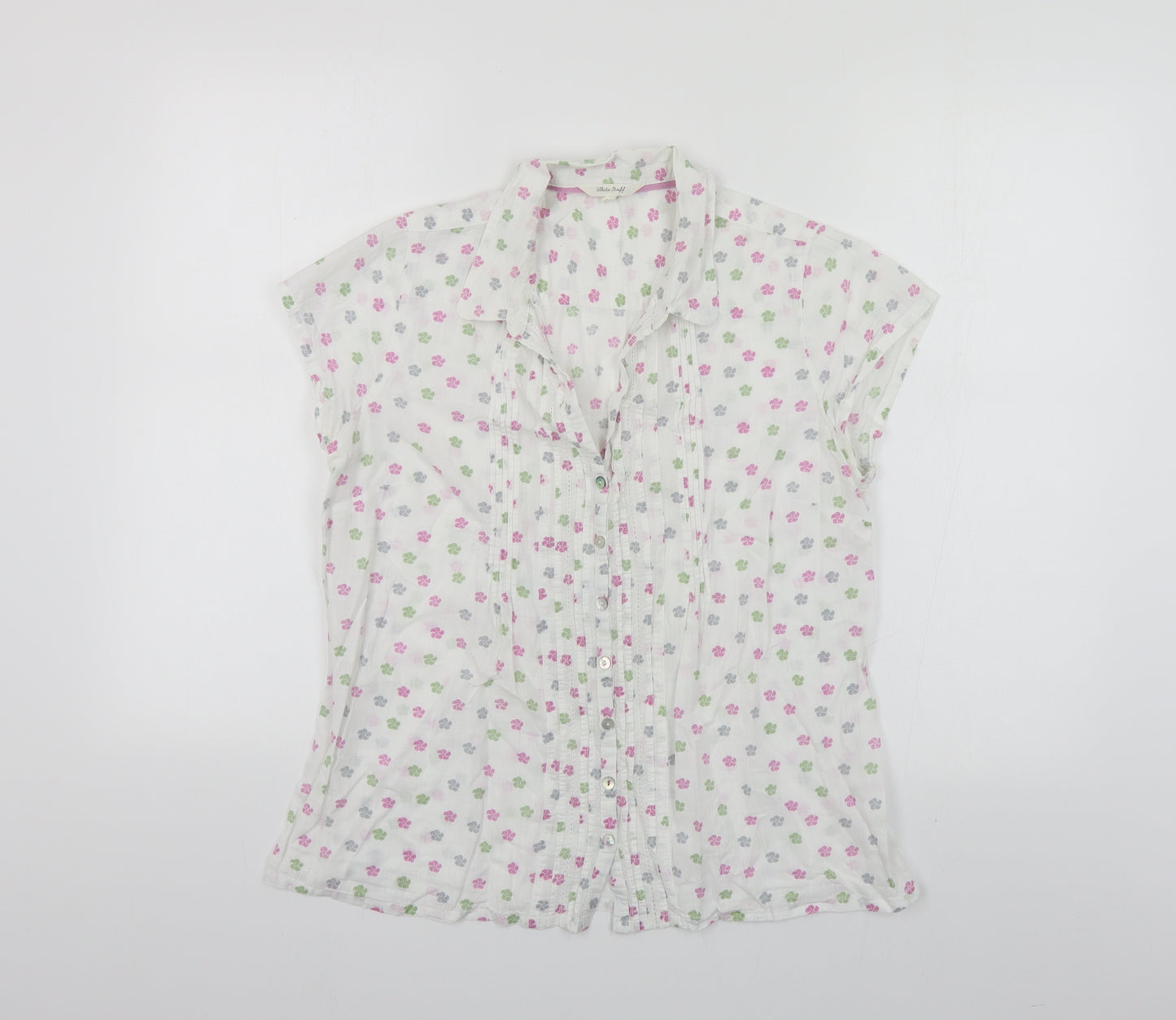 White Stuff Womens White Floral Cotton Basic Button-Up Size 12 Collared