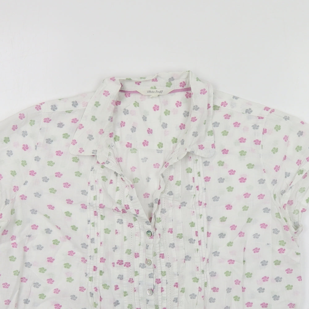 White Stuff Womens White Floral Cotton Basic Button-Up Size 12 Collared