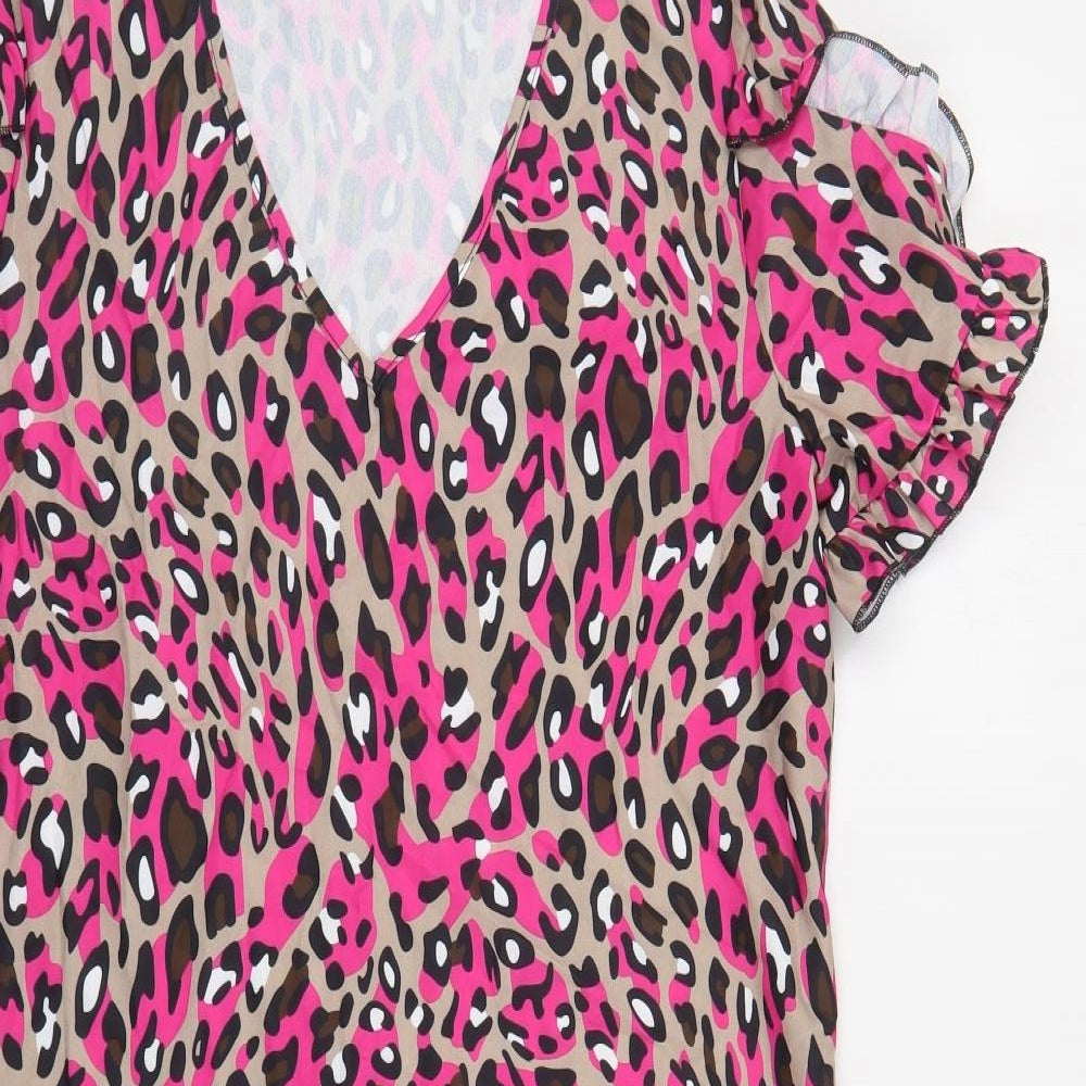 Emery Rose Womens Multicoloured Animal Print Polyester A-Line Size M V-Neck Pullover - Leopard Print