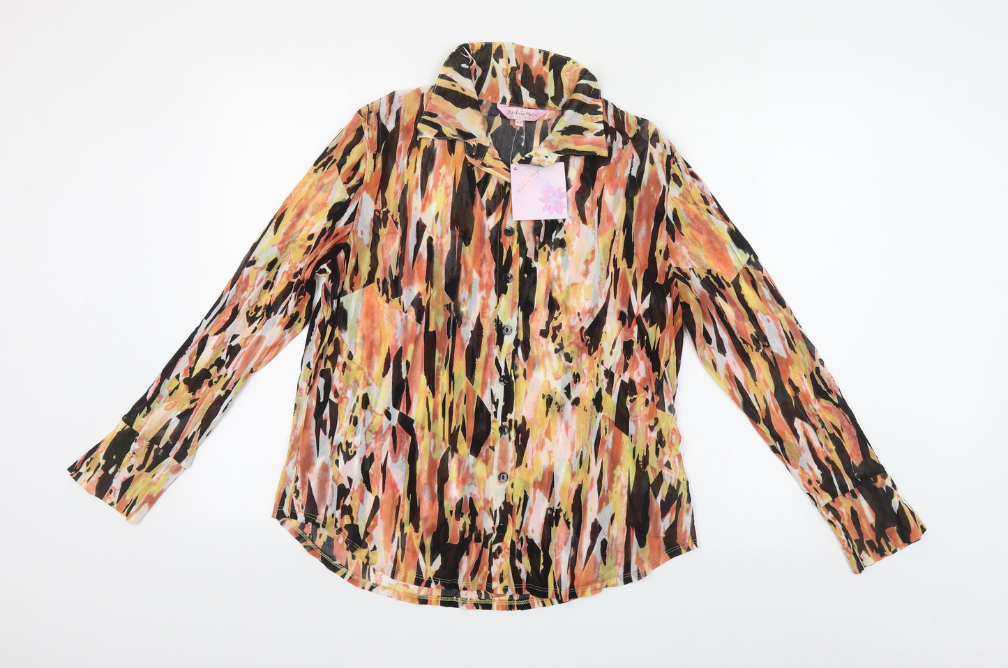 Michelle Hope Collection Womens Multicoloured Geometric Nylon Basic Button-Up Size 14 Collared