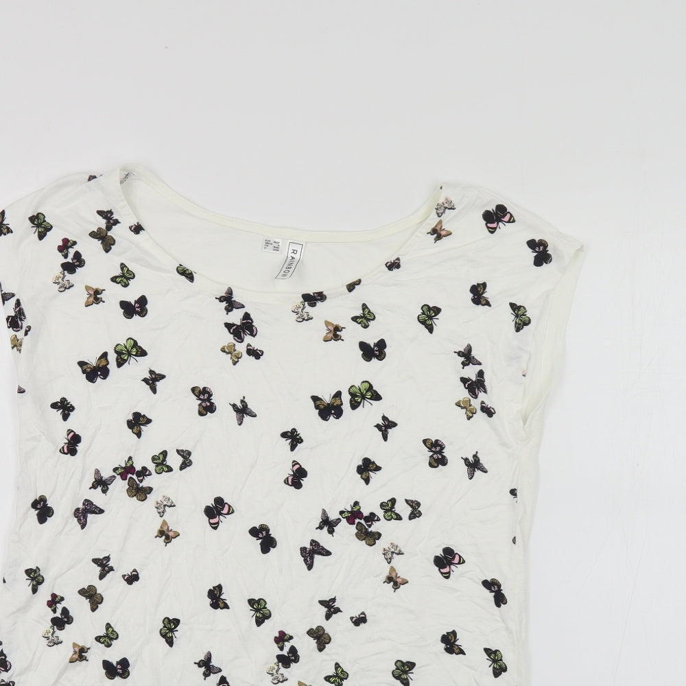 Rainbow Womens White Geometric Viscose Basic Button-Up Size S Boat Neck - Butterfly Print
