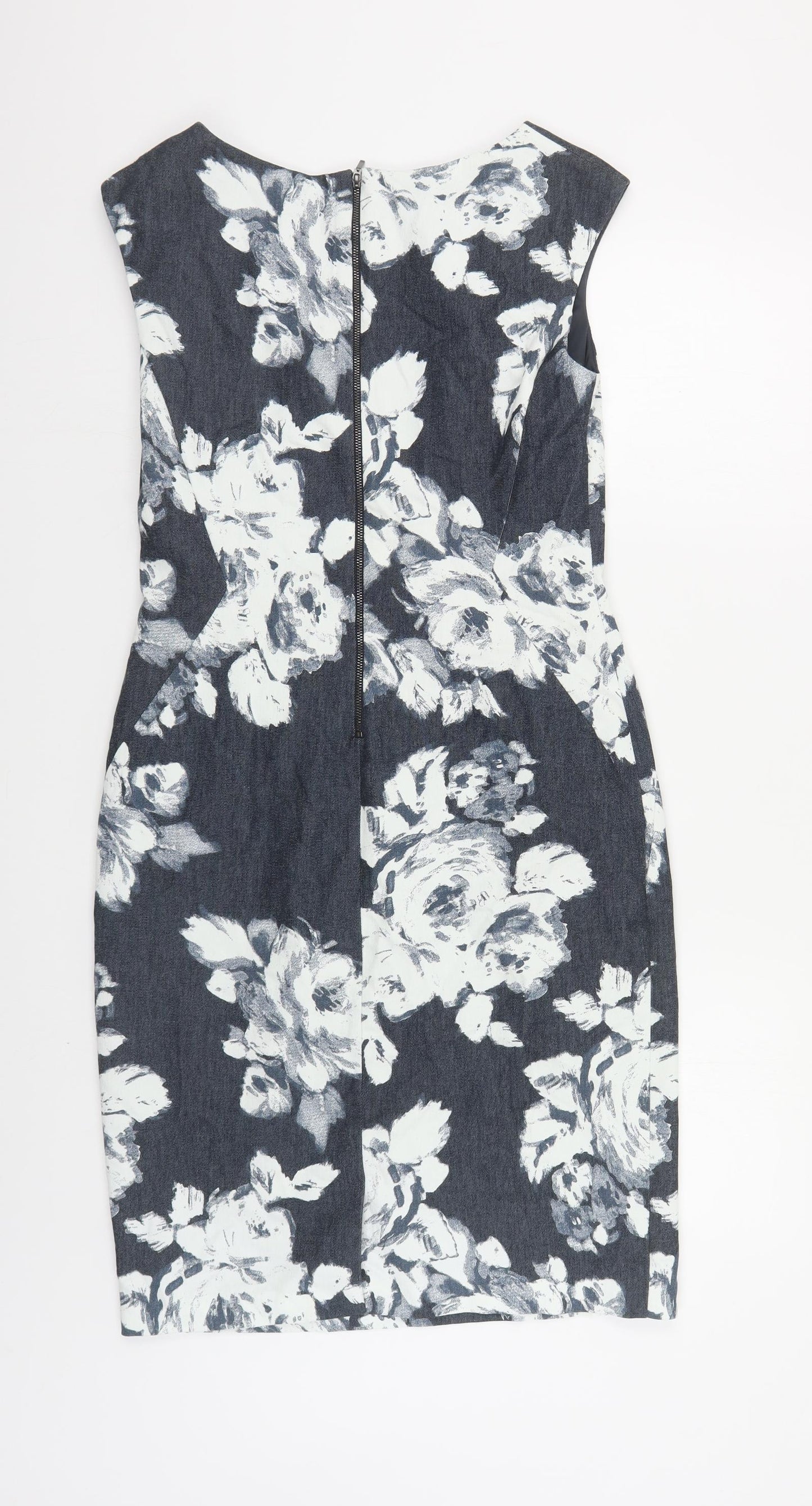 Phase Eight Womens Grey Floral Cotton Pencil Dress Size 12 Boat Neck Zip