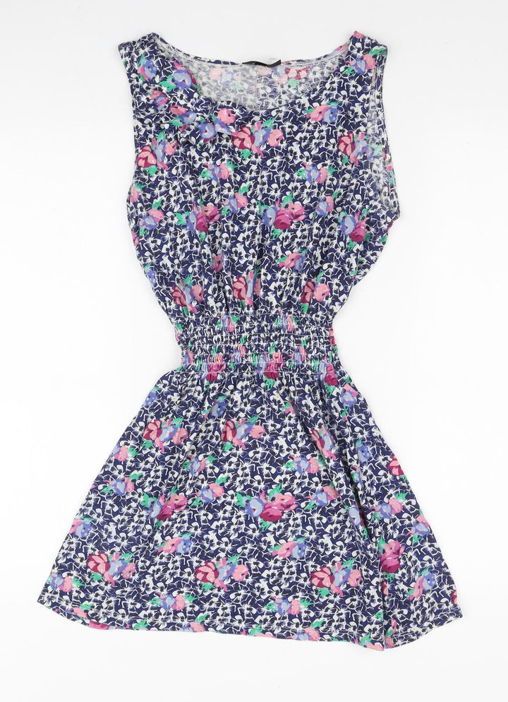 Topshop Womens Blue Floral Cotton Mini Size 8 Boat Neck Pullover