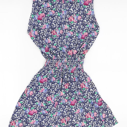 Topshop Womens Blue Floral Cotton Mini Size 8 Boat Neck Pullover