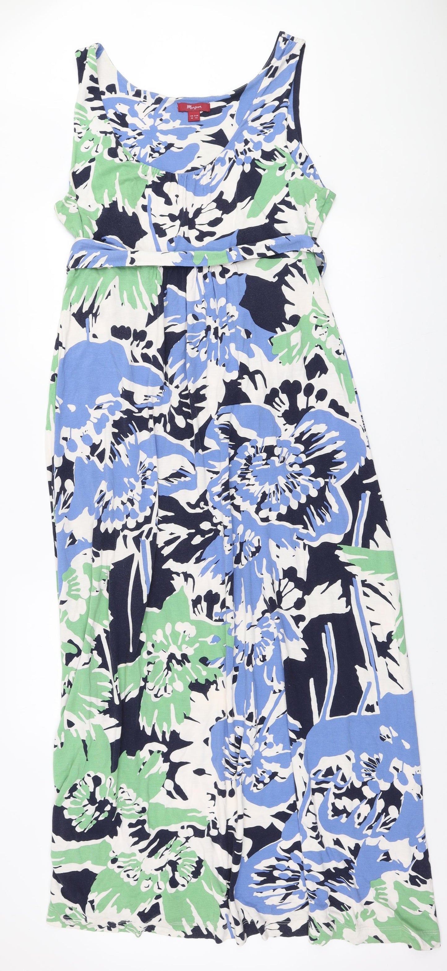 Monsoon Womens Blue Floral Viscose Maxi Size 18 Round Neck Tie
