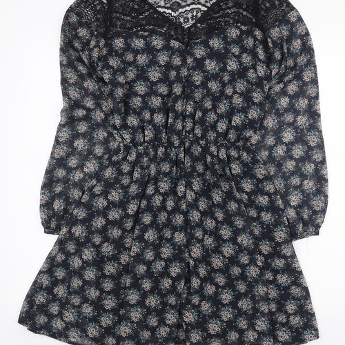 River Island Womens Blue Floral Polyester Mini Size 6 V-Neck Button - Lace Neckline