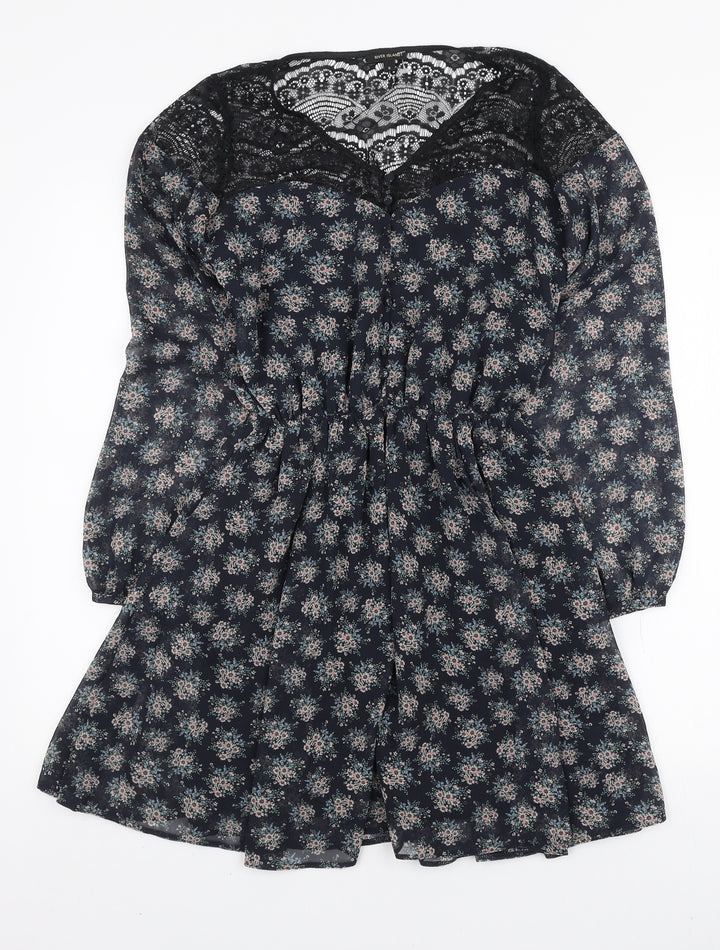 River Island Womens Blue Floral Polyester Mini Size 6 V-Neck Button - Lace Neckline