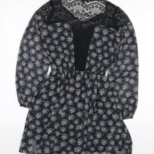 River Island Womens Blue Floral Polyester Mini Size 6 V-Neck Button - Lace Neckline