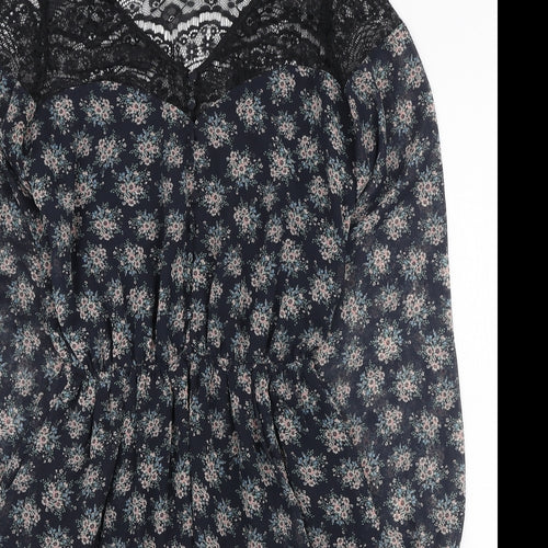 River Island Womens Blue Floral Polyester Mini Size 6 V-Neck Button - Lace Neckline