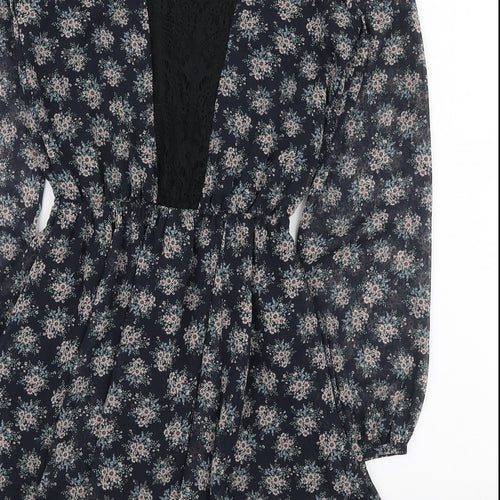 River Island Womens Blue Floral Polyester Mini Size 6 V-Neck Button - Lace Neckline