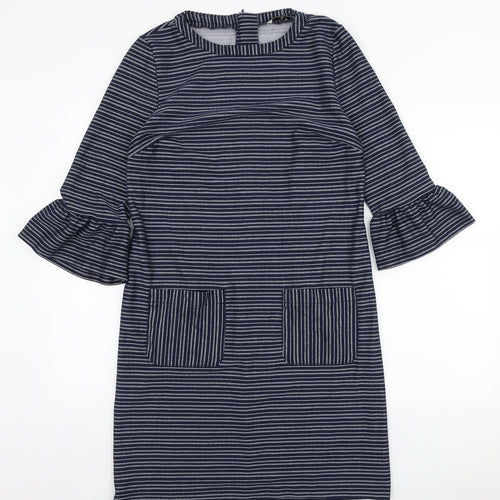 TU Womens Blue Striped Polyester A-Line Size 12 Round Neck Zip