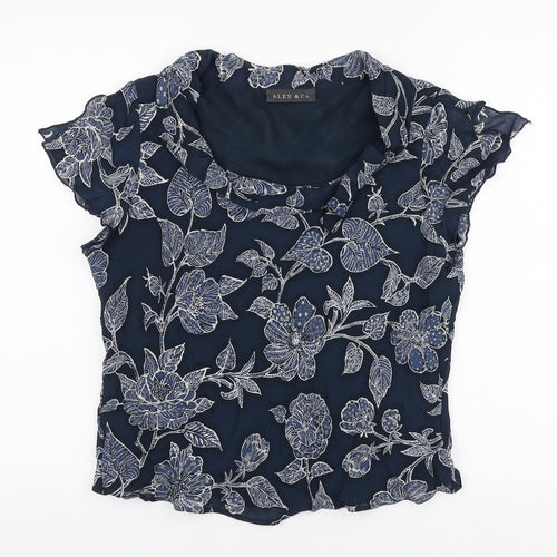 Alex & Co Womens Blue Floral Viscose Basic Blouse Size 16 Scoop Neck
