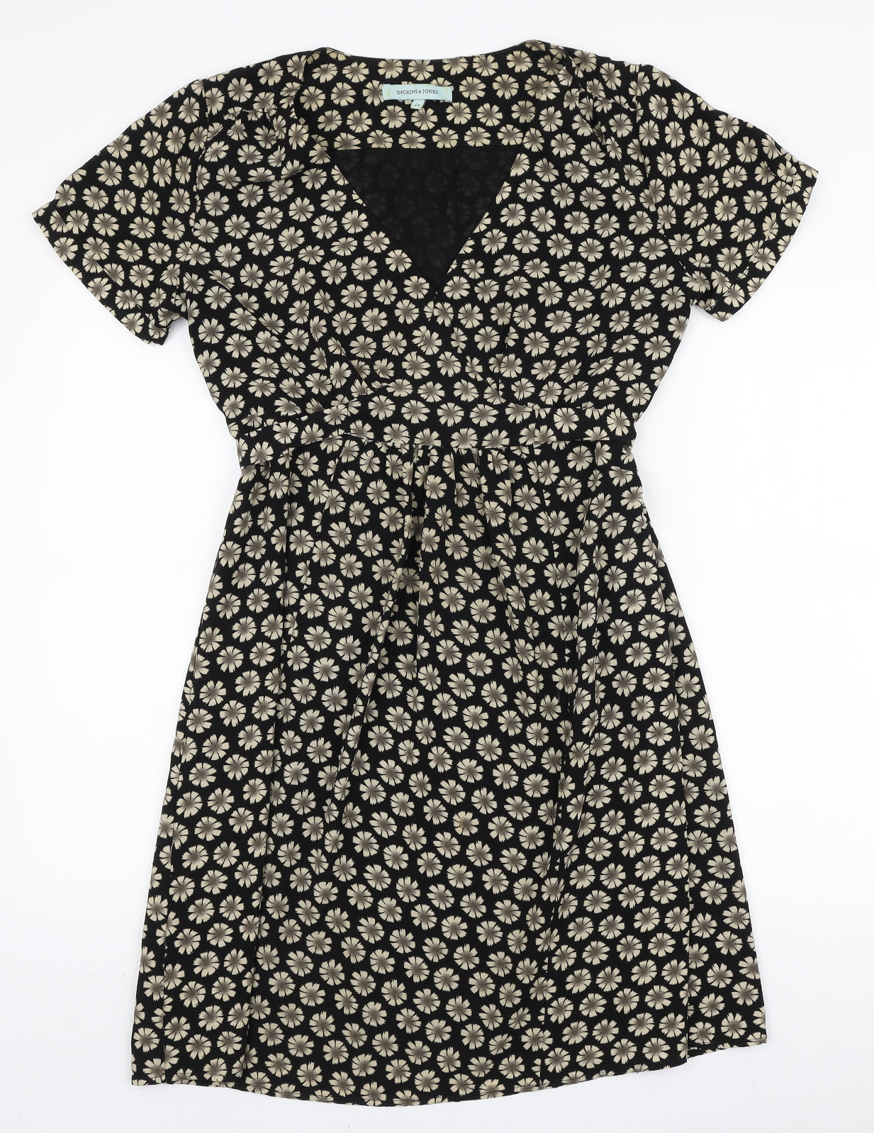 Dickins & Jones Womens Black Floral Polyester A-Line Size 14 V-Neck Tie