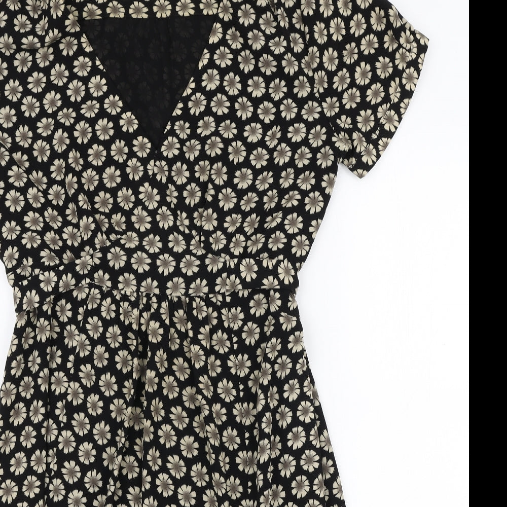Dickins & Jones Womens Black Floral Polyester A-Line Size 14 V-Neck Tie