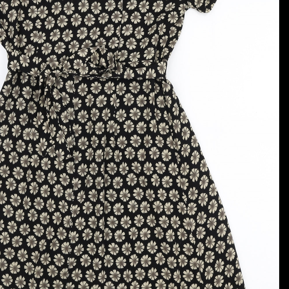 Dickins & Jones Womens Black Floral Polyester A-Line Size 14 V-Neck Tie