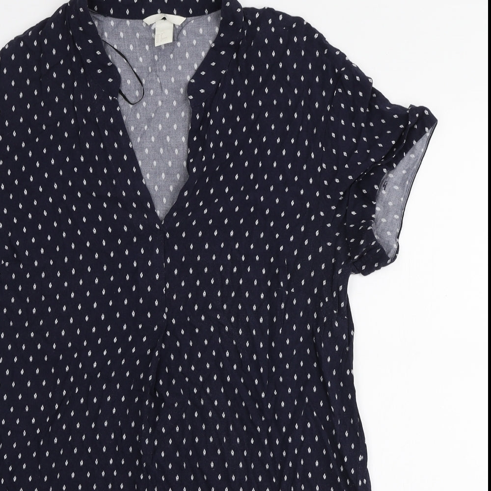 H&M Womens Blue Polka Dot Viscose Basic T-Shirt Size M V-Neck